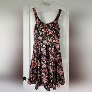 Lauren Conrad Spring Floral Black Pink Dress Keyhole Above Knee Midi Womens